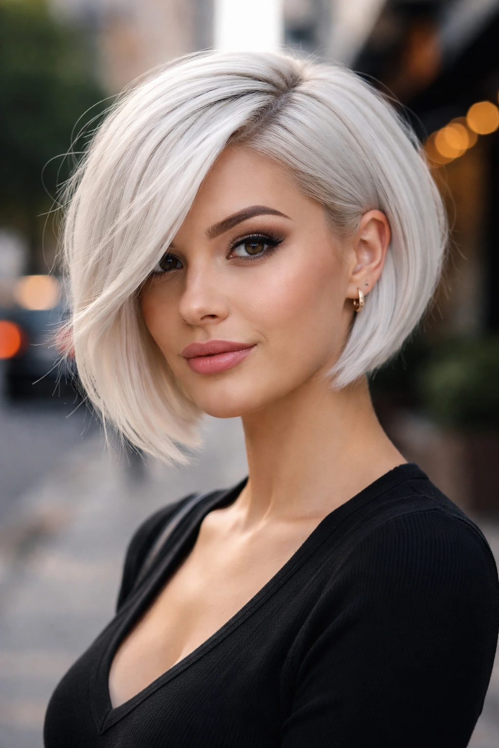 Close-up of a real person with an asymmetrical bob and deep side part on an urban street.
