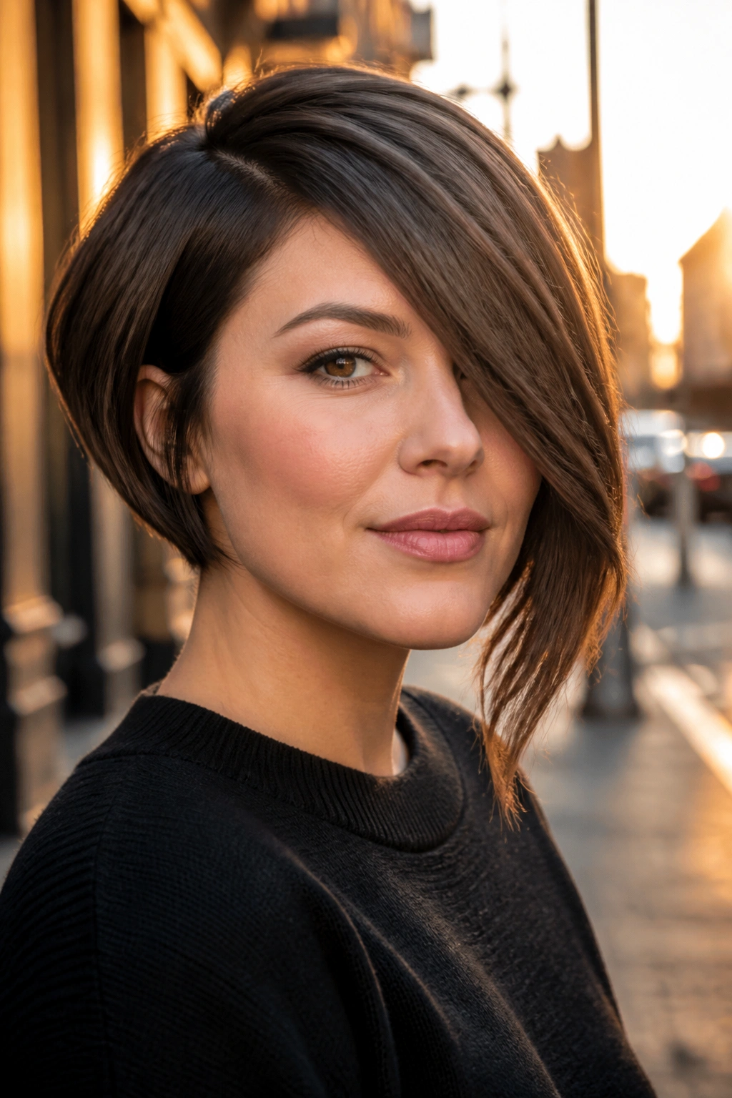 Portrait of a woman with an asymmetrical bob and sharp side sweep