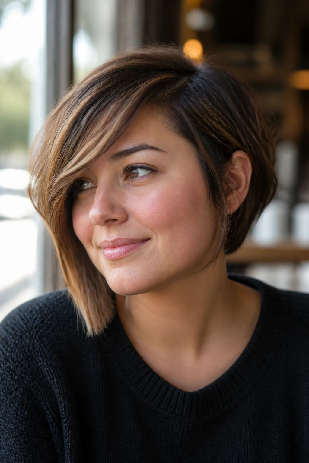 Portrait of woman with asymmetrical bob and side-swept fringe at cafe window