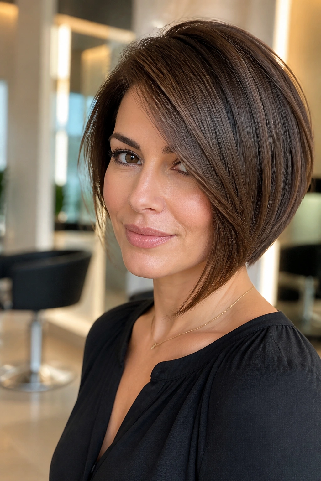 Close-up portrait of a real woman with an asymmetrical bob and side sweep