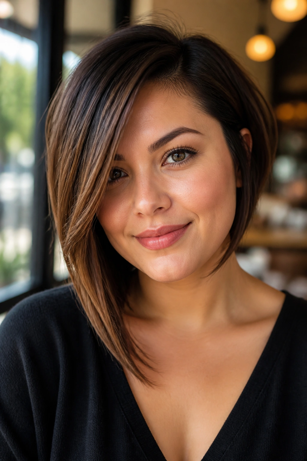 Close-up of real woman with side-swept asymmetrical bob breaking up full cheeks