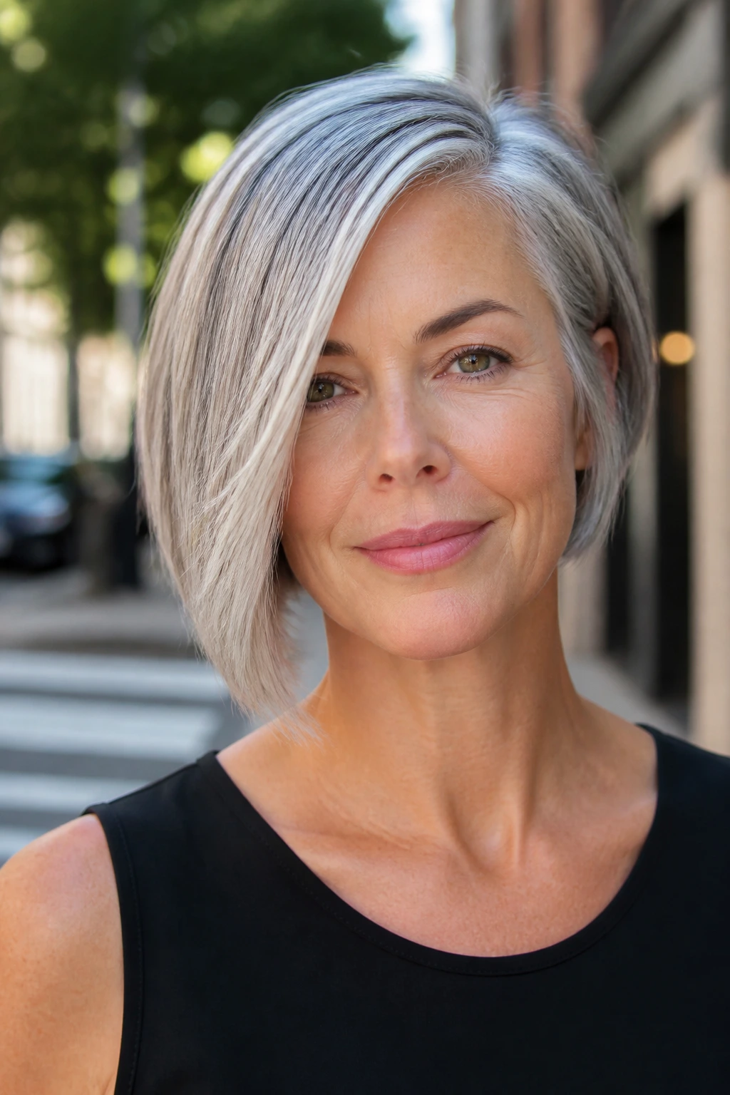 Close-up of a real woman with an asymmetrical silver bob and uneven length.
