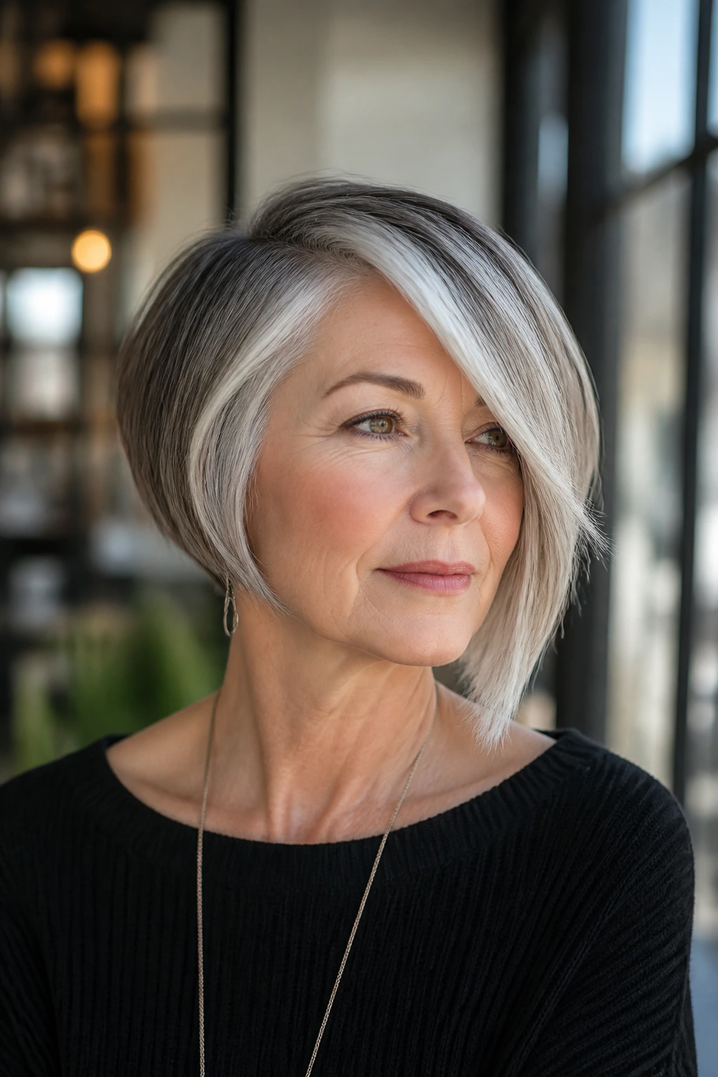 Real woman with asymmetrical bob and silver highlights