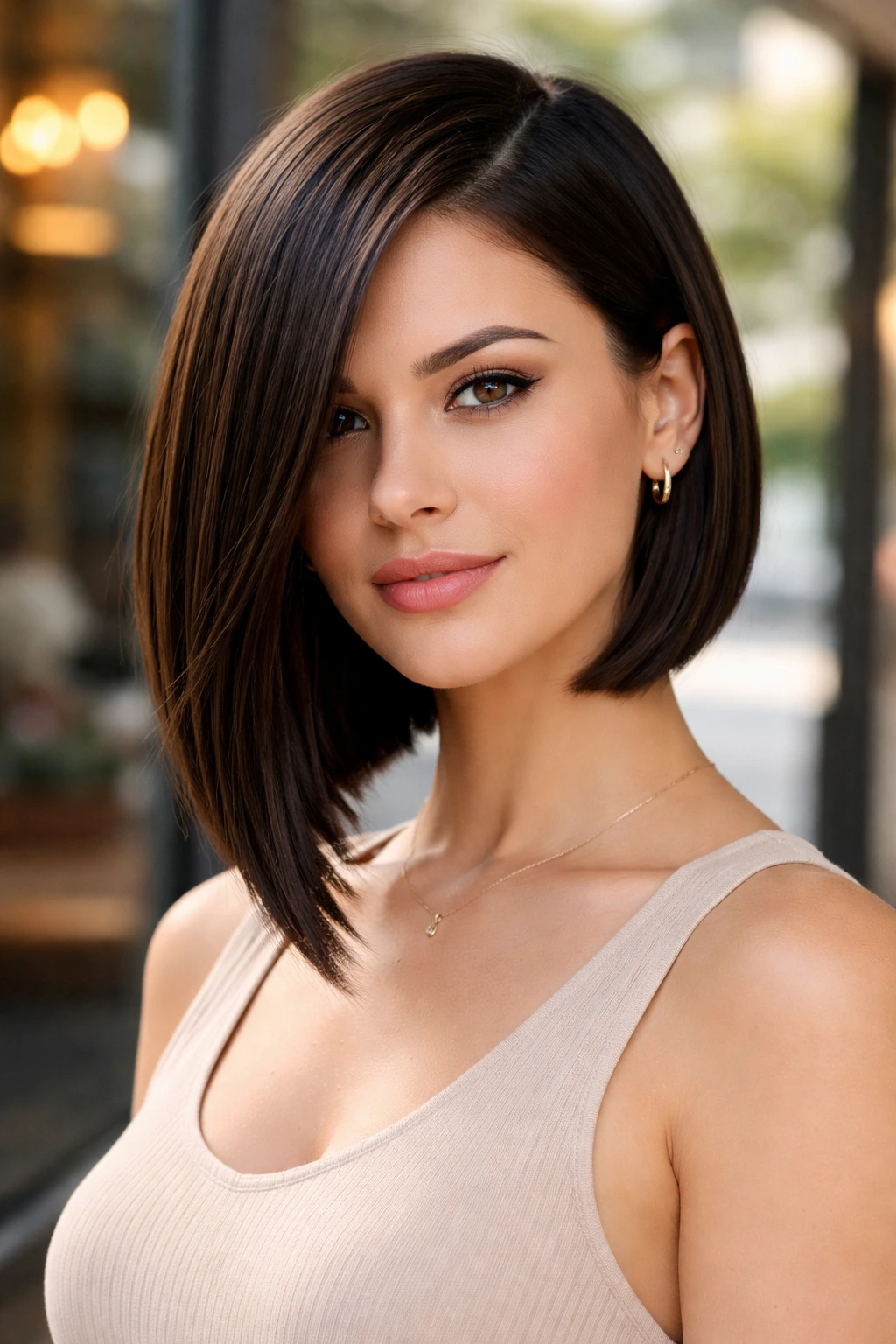 Portrait of a real person with a sleek asymmetrical bob longer on one side.