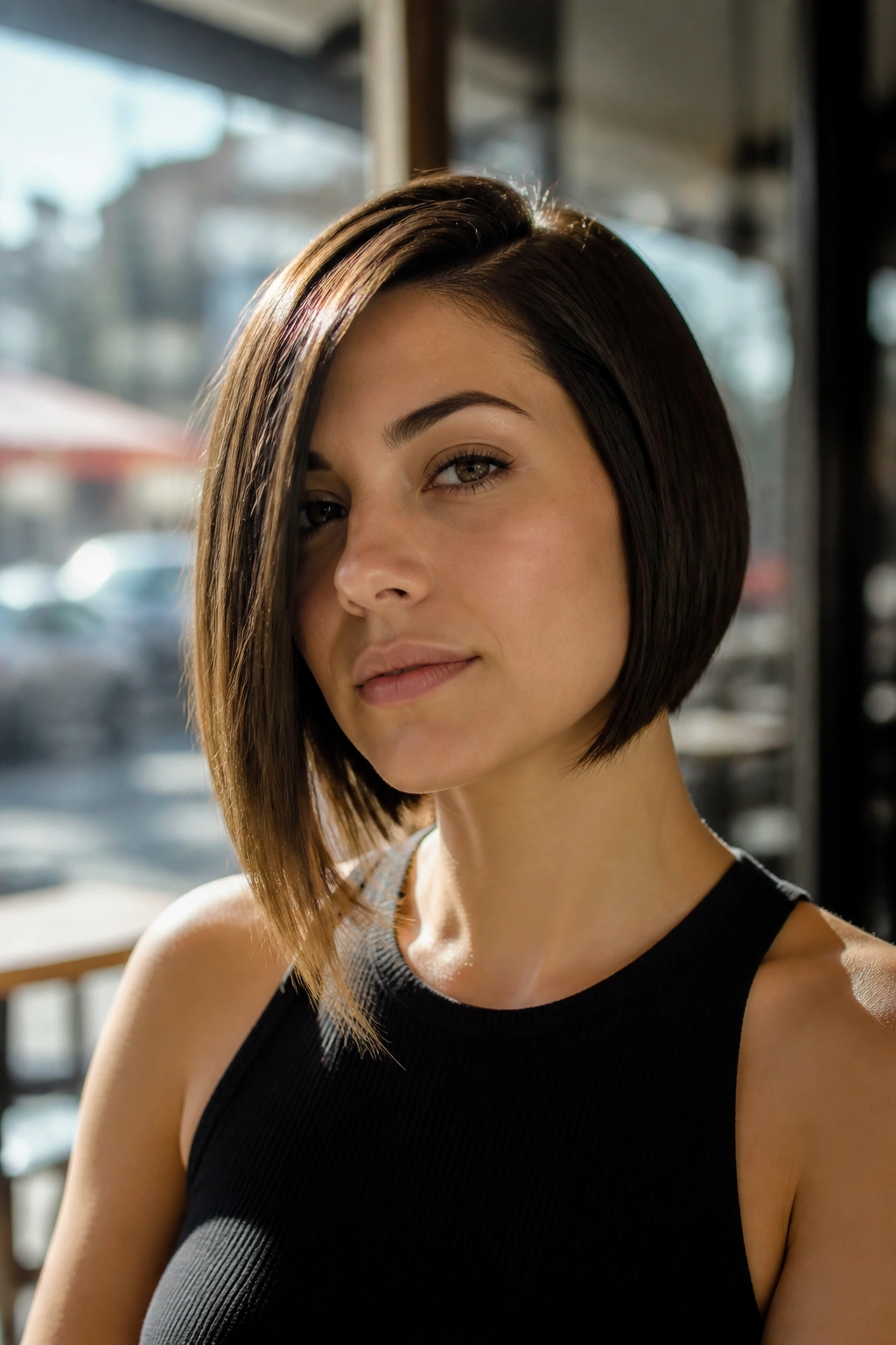 Close-up of a real woman with subtle asymmetrical bob in a sunlit cafe