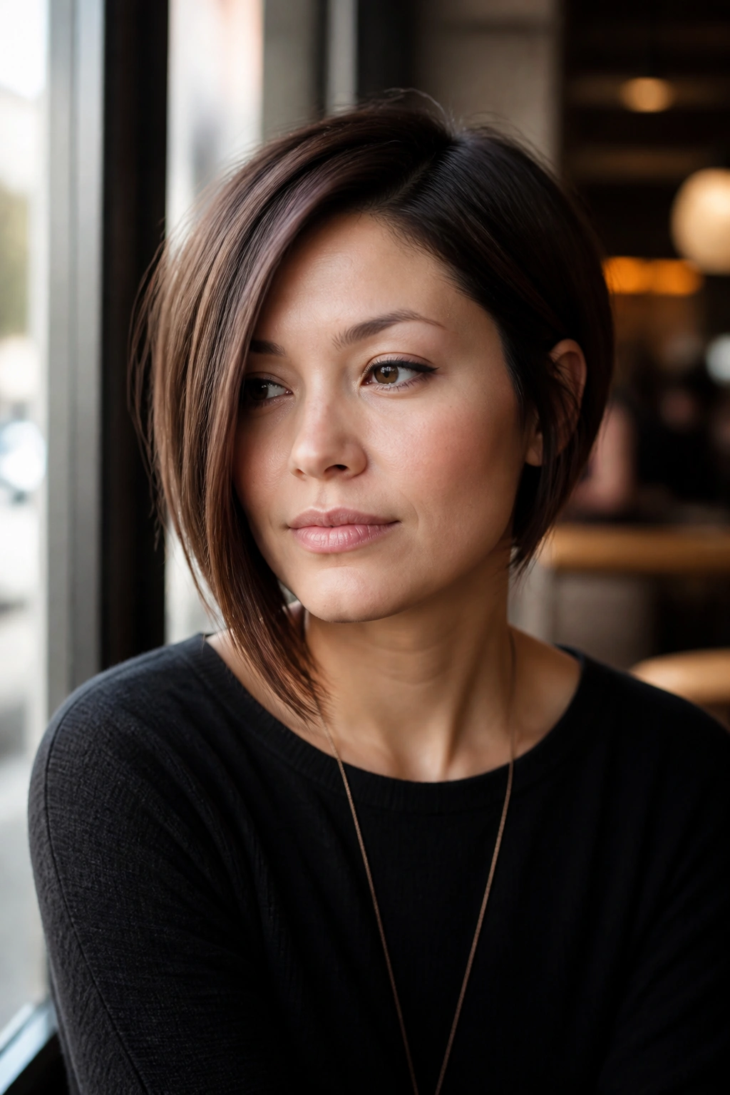 Close-up of a real woman with an asymmetrical bob.
