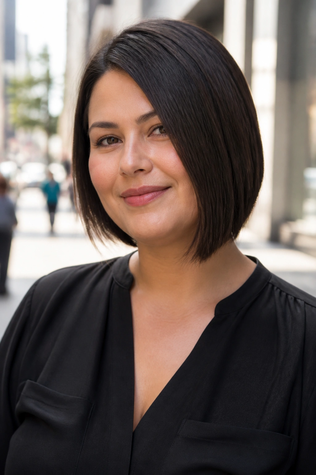 Real woman with subtle asymmetrical bob on city street backdrop