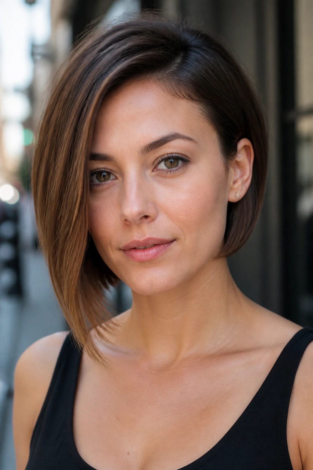 Portrait of a real woman with an asymmetrical bob and subtle length difference