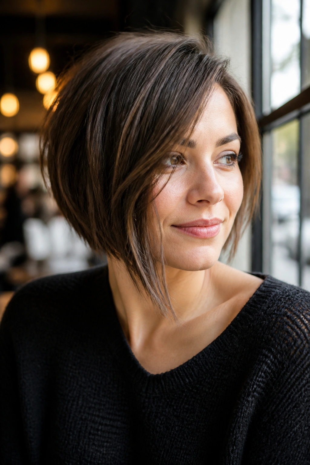 Close-up of a real woman with a subtle asymmetrical bob and a longer side