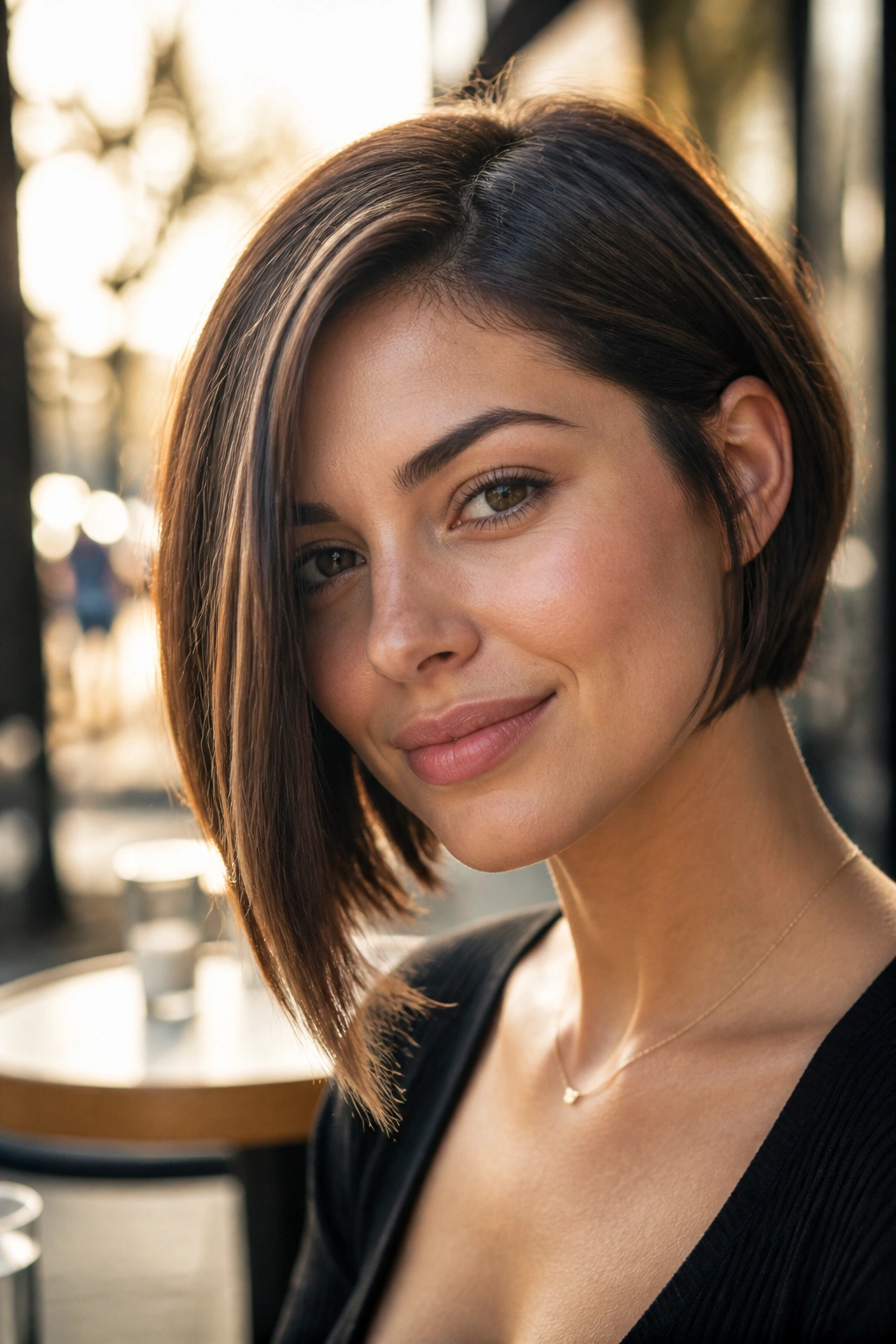Close-up of a real woman with an asymmetrical bob featuring a subtle longer side