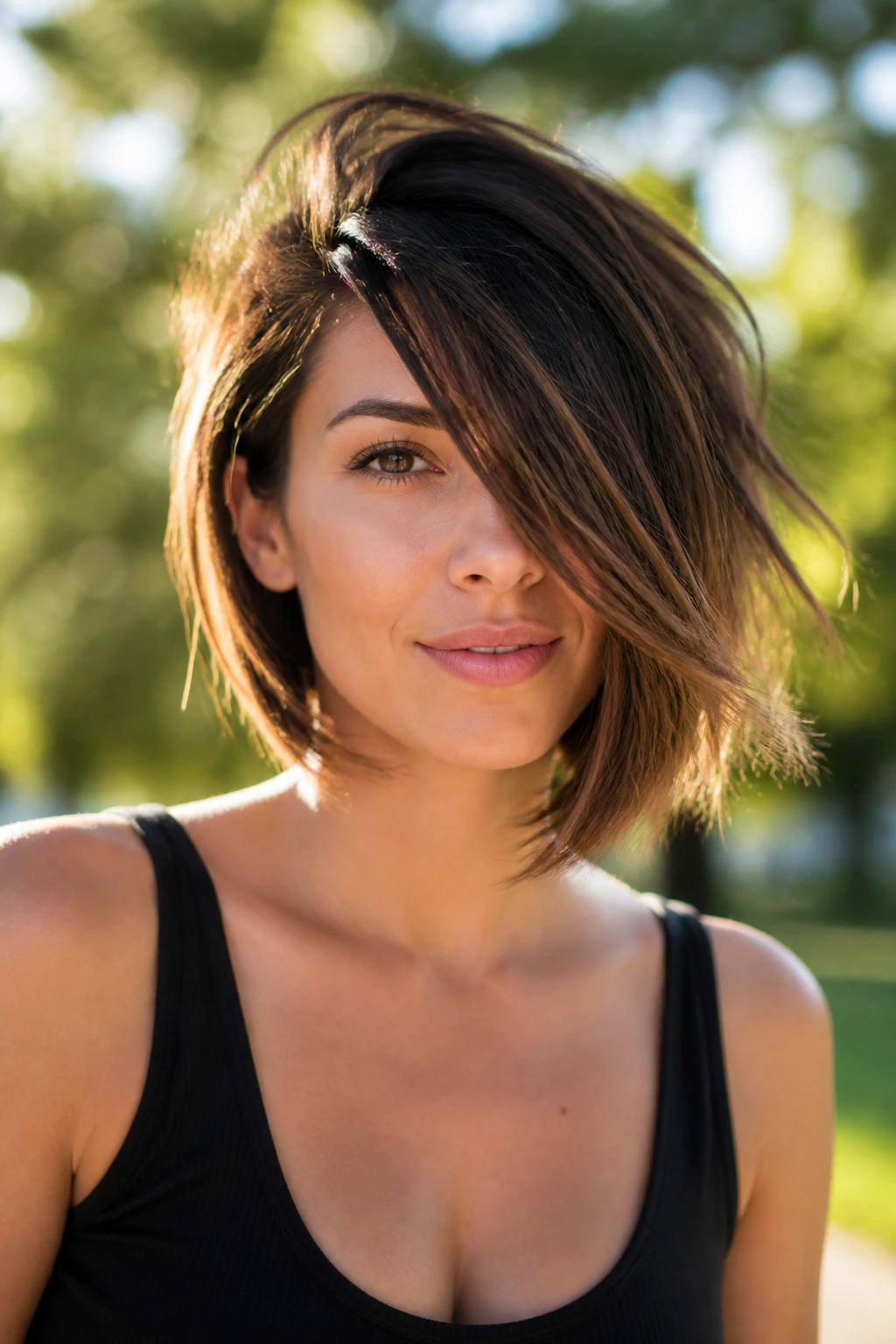 Close-up portrait of a real woman with an asymmetrical bob and sweeping fringe