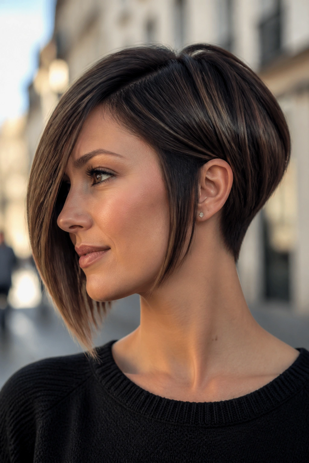 Close-up of woman with asymmetrical bob and tapered nape
