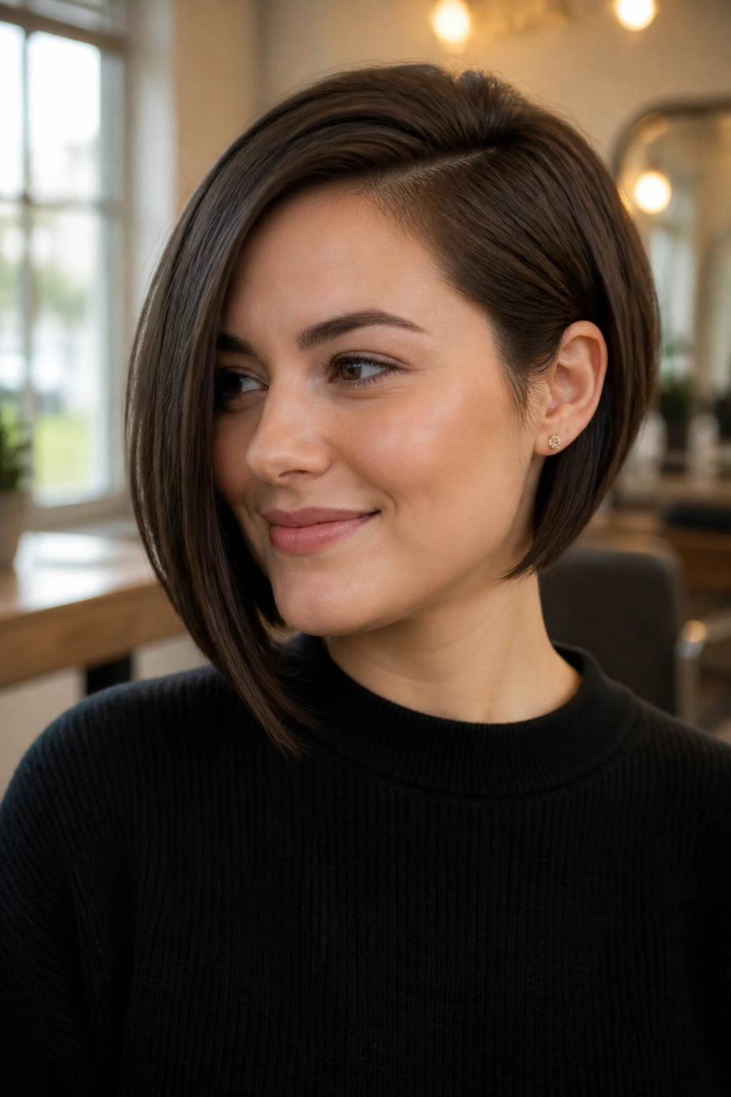 Close-up portrait of a real woman with an asymmetrical bob and one-side tuck