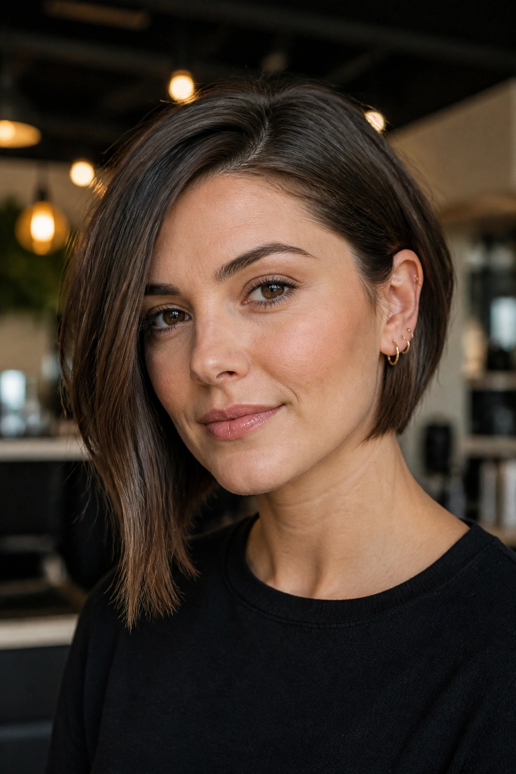 Close-up of a real person with an asymmetrical bob tucked behind the ear in warm salon light.