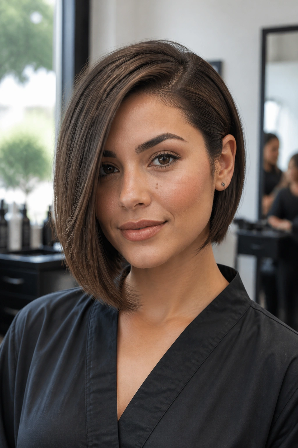 Close-up of a real woman with an asymmetrical bob tucked behind one ear in soft lighting