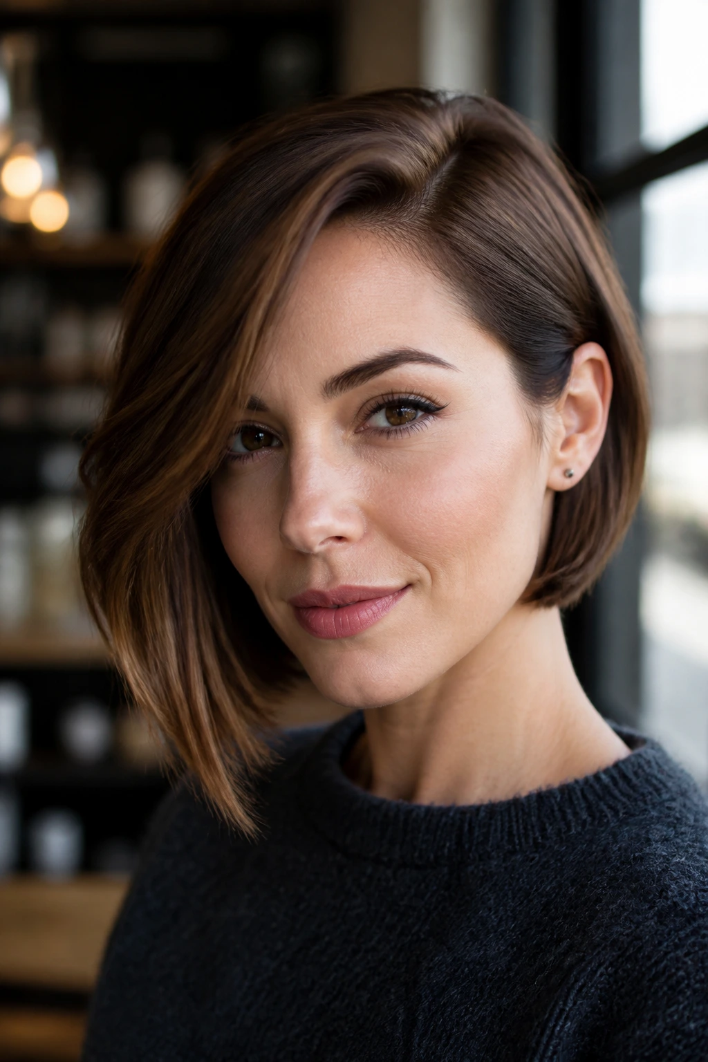 Close-up of a real woman with an asymmetrical bob tucked behind one ear in natural light.