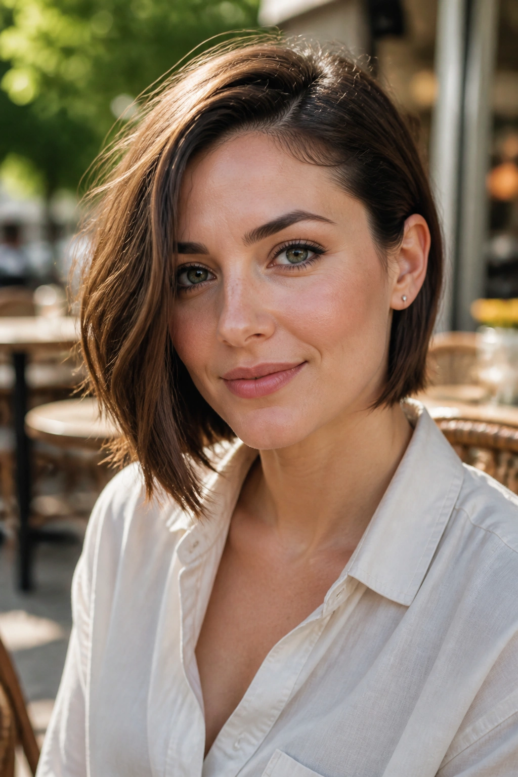 Close-up portrait of a real woman with an asymmetrical bob and one side tucked behind the ear