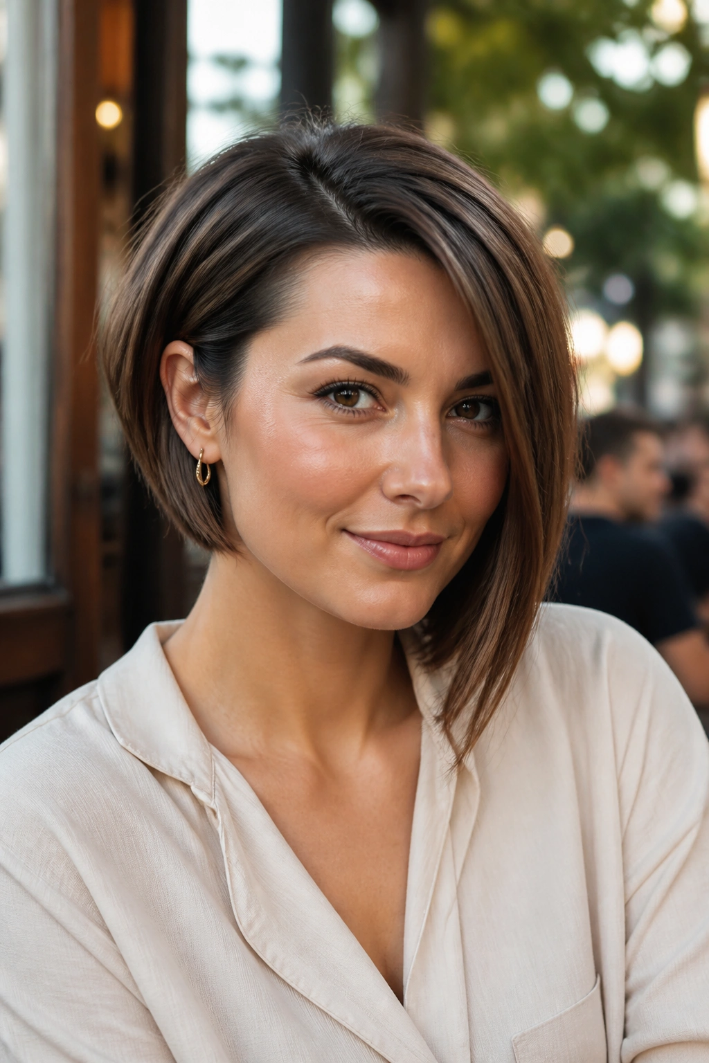 Portrait of a woman with an asymmetrical bob and a tucked side