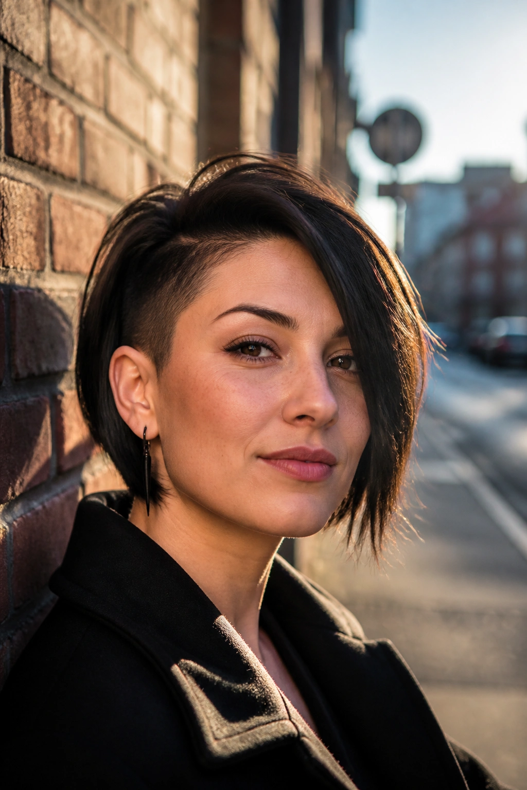 Real person with asymmetrical bob and undercut on brick street