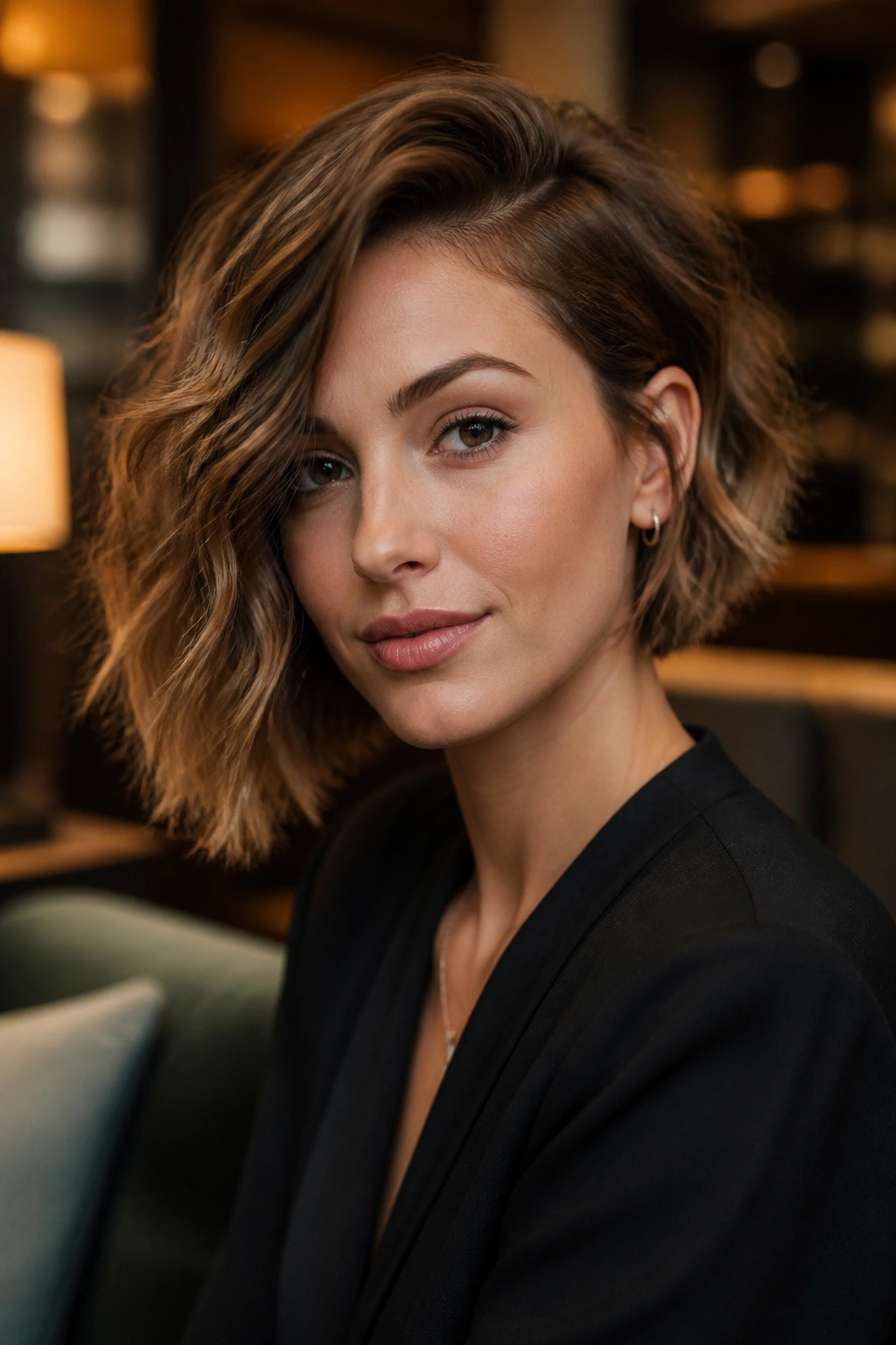 Close-up of a real woman with an asymmetrical bob showing one shorter and one longer side