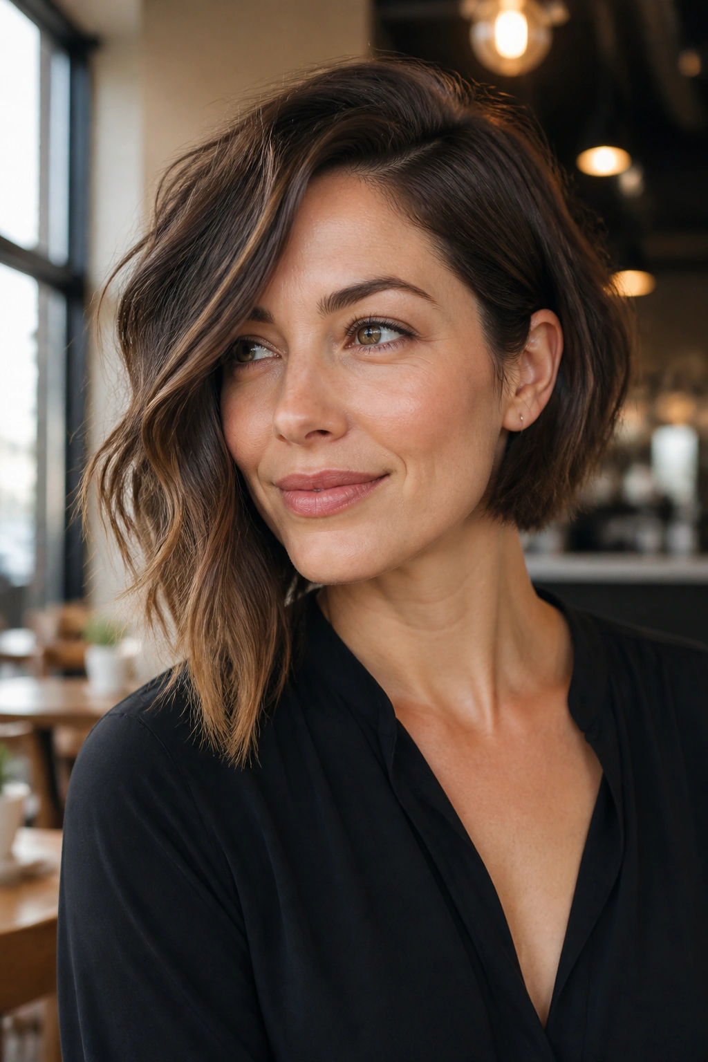 Close-up portrait of a real woman with an asymmetrical bob and one longer side