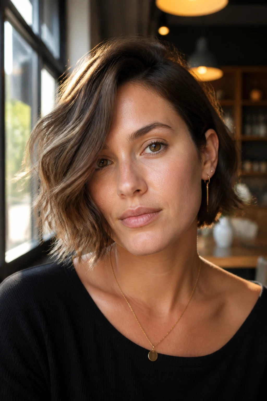 Close-up of a real woman with an asymmetrical wavy bob and soft waves