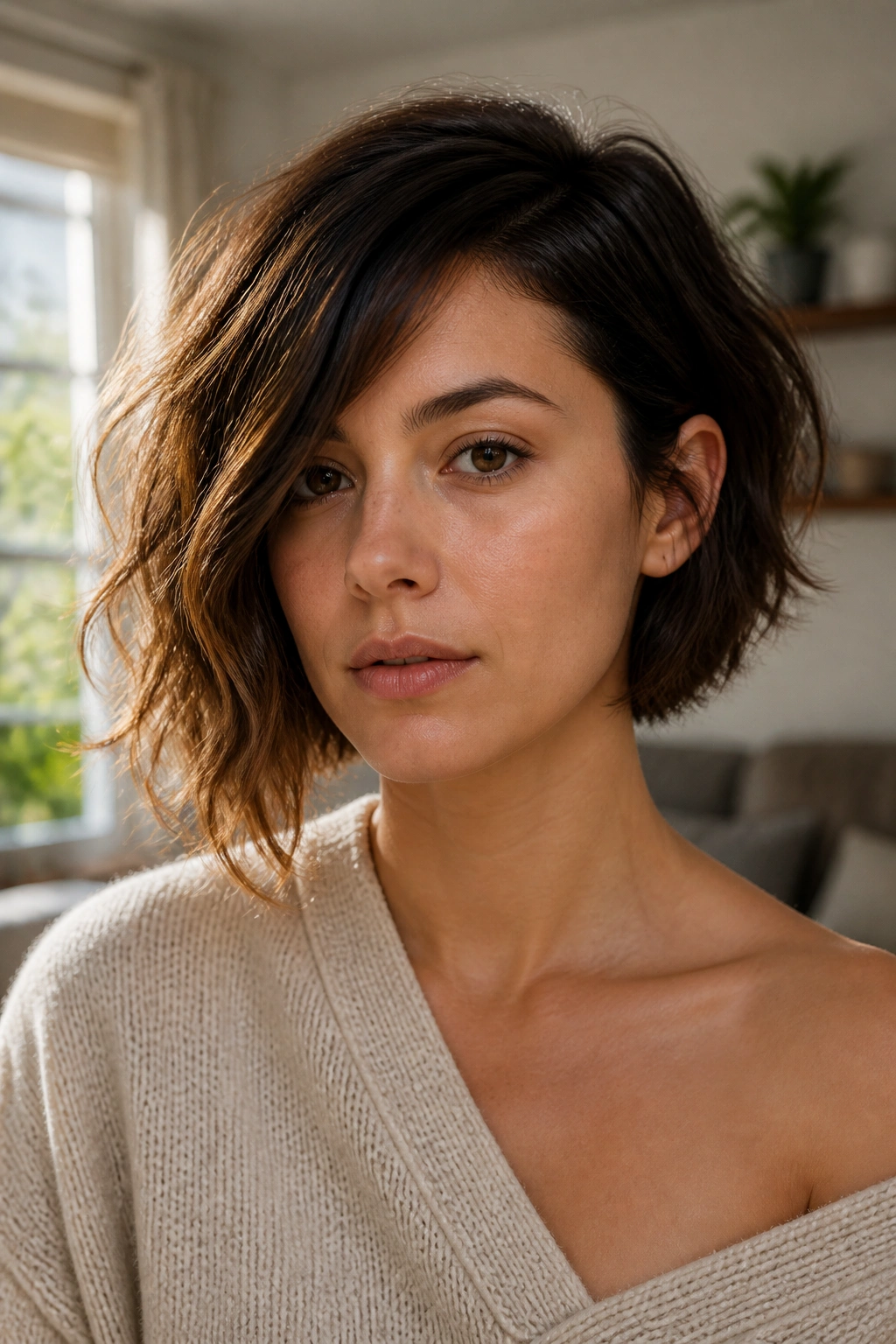 Close-up portrait of a real person with an asymmetrical bob