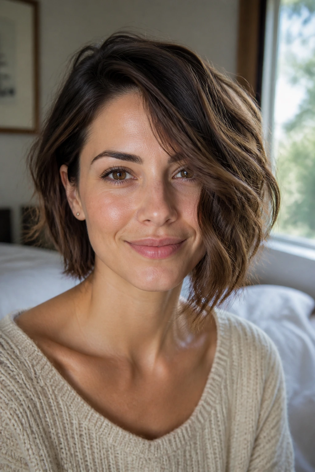 Close-up of a real woman with an asymmetrical bob and soft waves in warm bedroom light