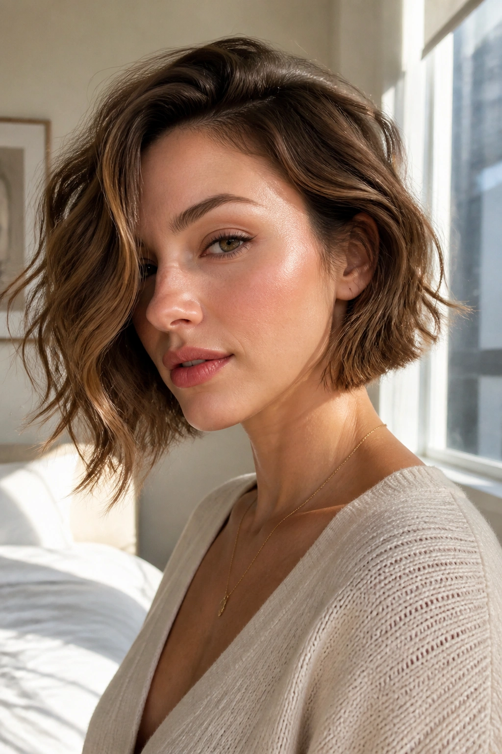 Close-up portrait of a real woman with an asymmetrical bob and soft waves in warm window light