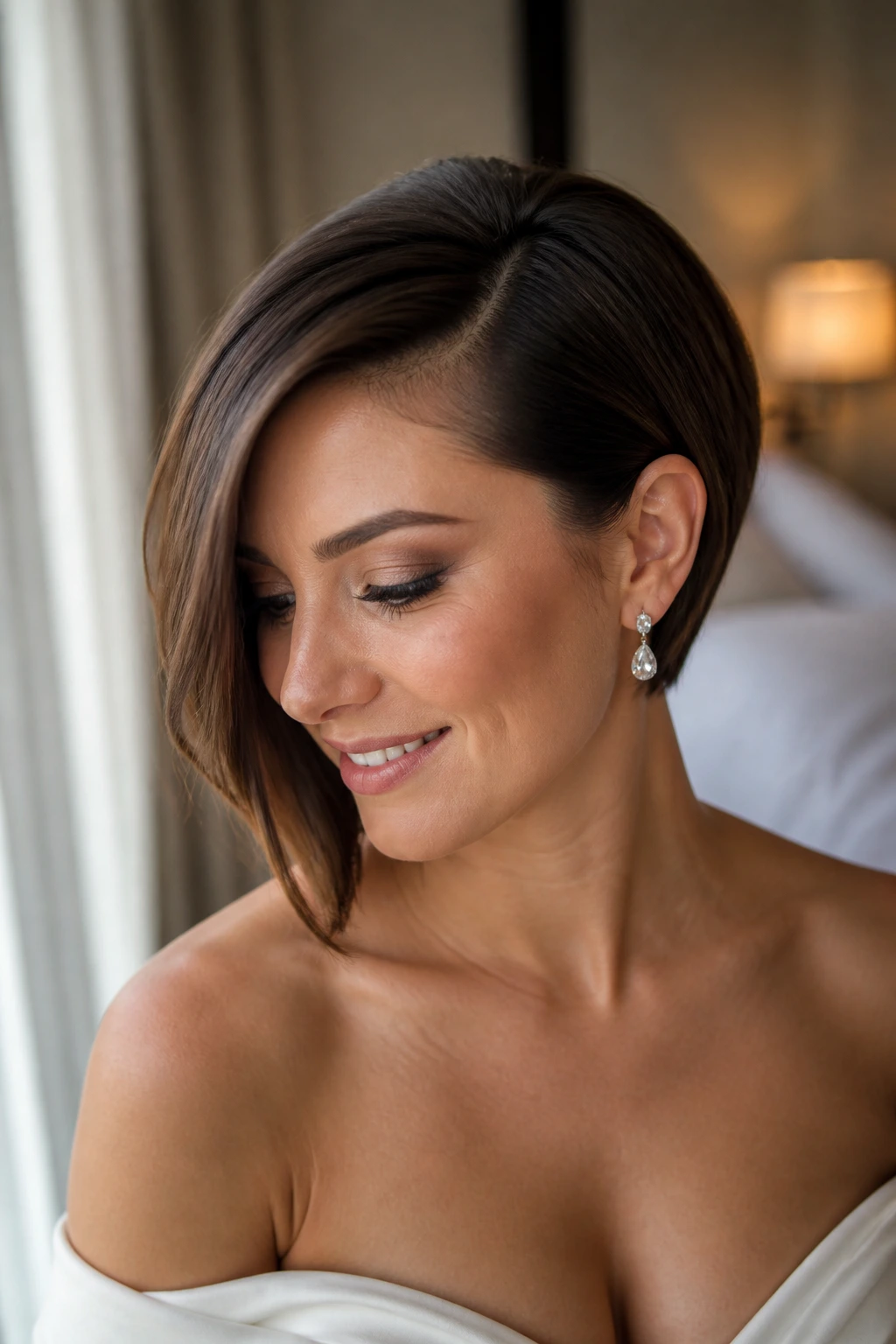 Close-up of a real woman with an asymmetrical bob and one-side sweep in soft bridal lighting