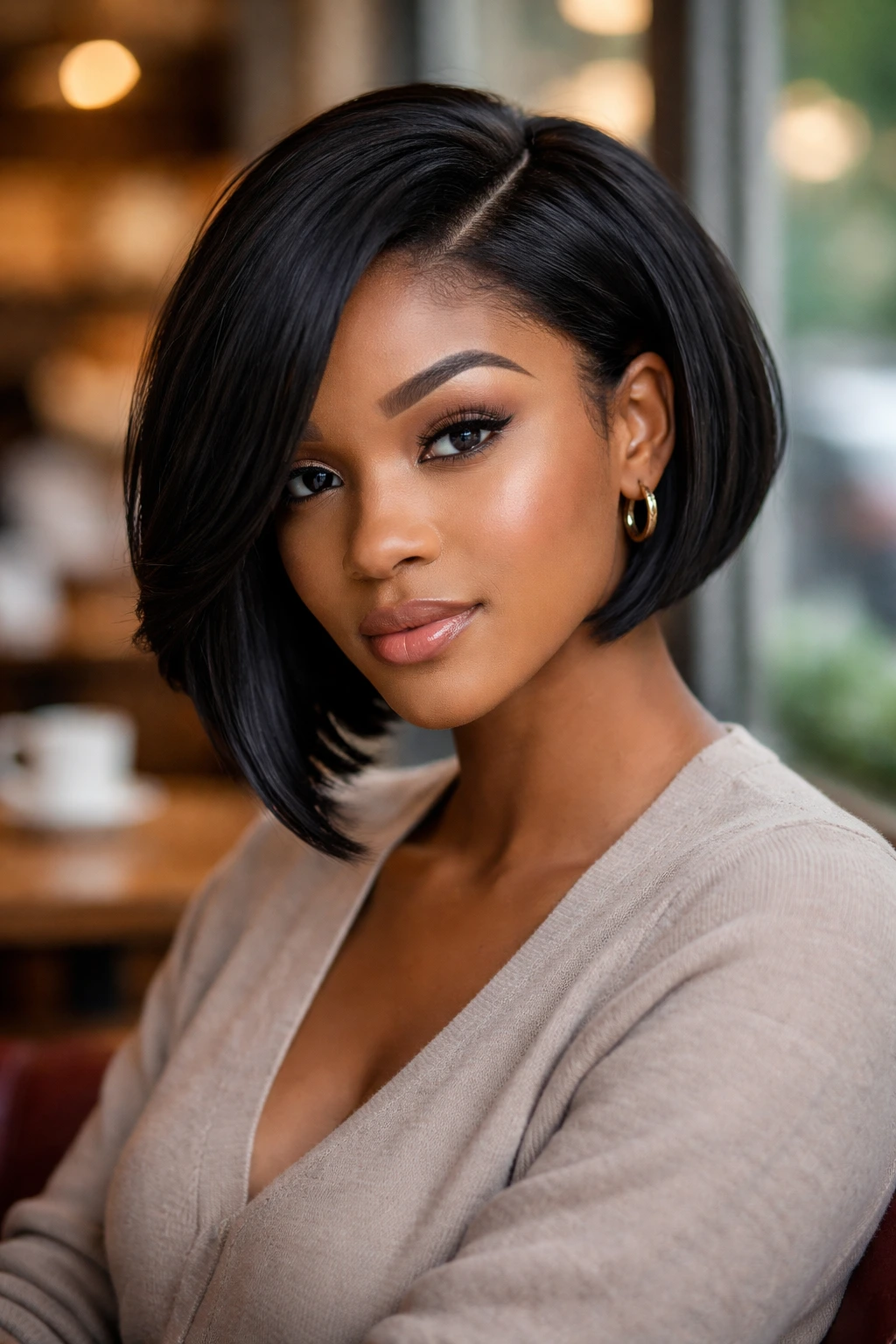 Close-up of a real woman wearing an asymmetrical bob wig with one side longer and soft natural light