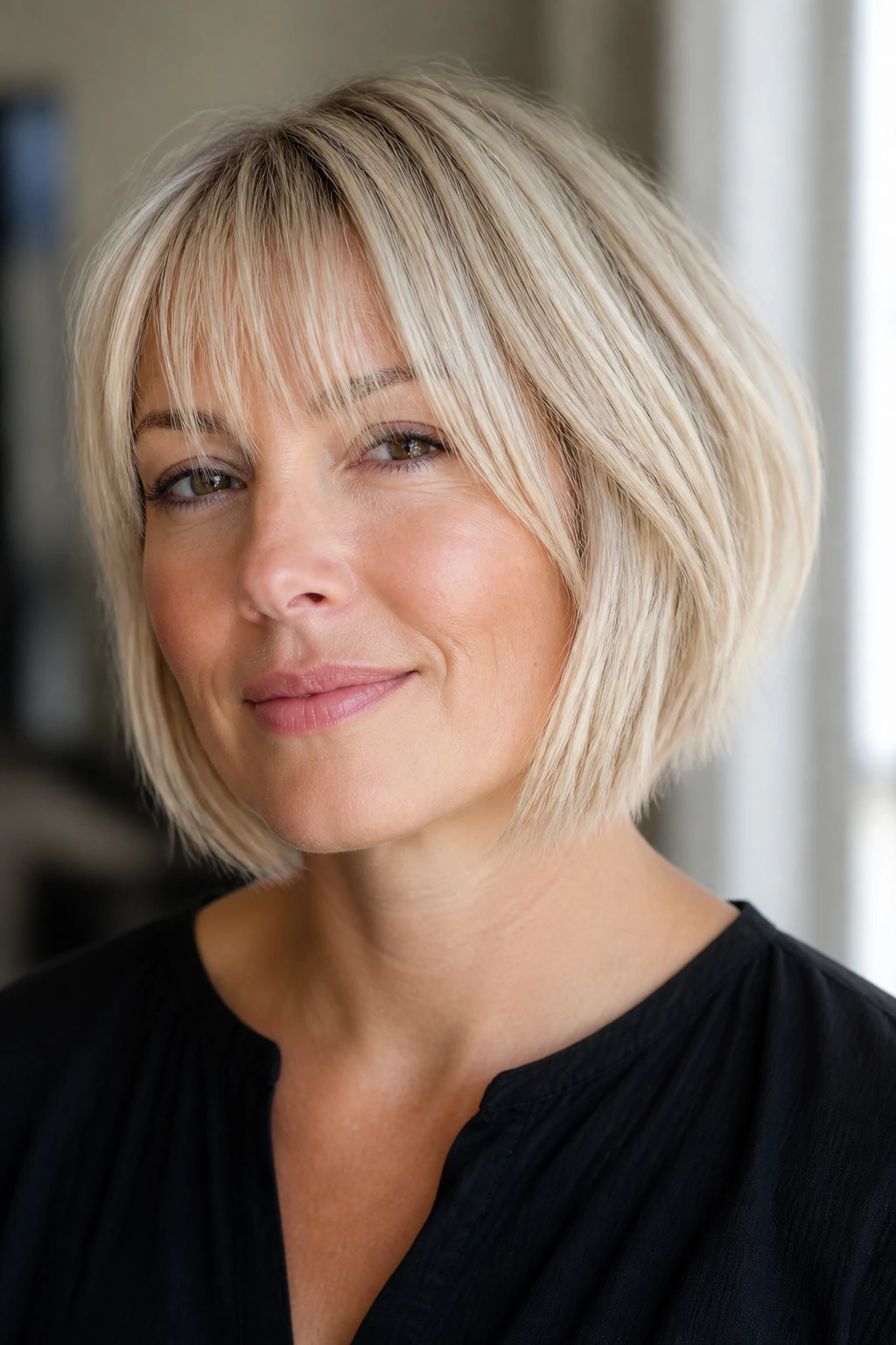 Close-up of a woman with asymmetrical bob and wispy bangs