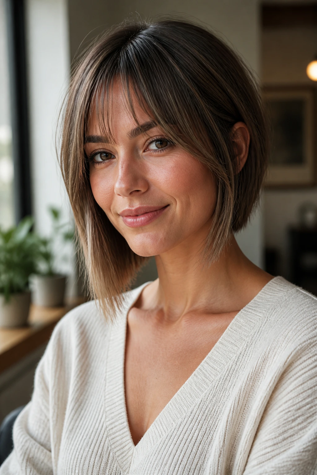 Close-up of real woman with asymmetrical bob and wispy curtain fringe