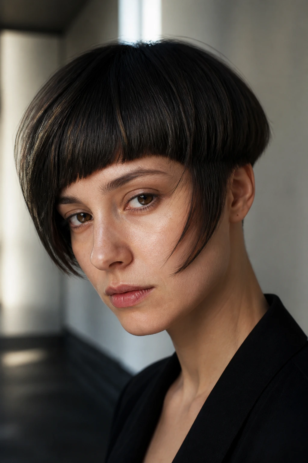 Portrait of a real person wearing an asymmetrical bowl cut with uneven fringe.