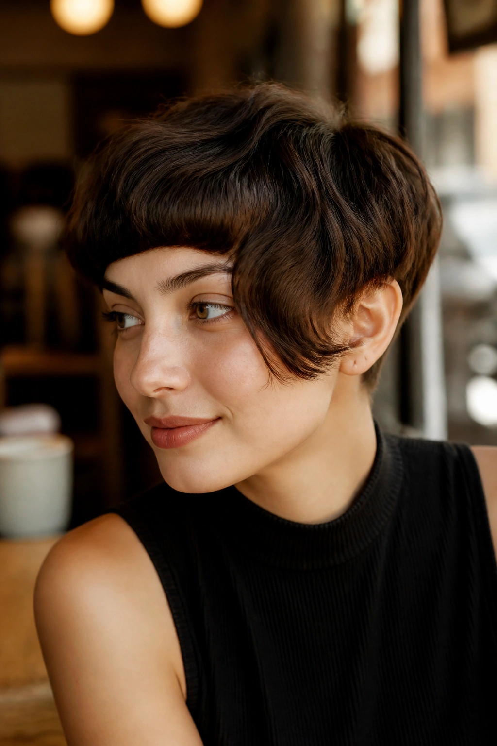 Close-up of a real person with Asymmetrical Bowl Cut With Soft Edges