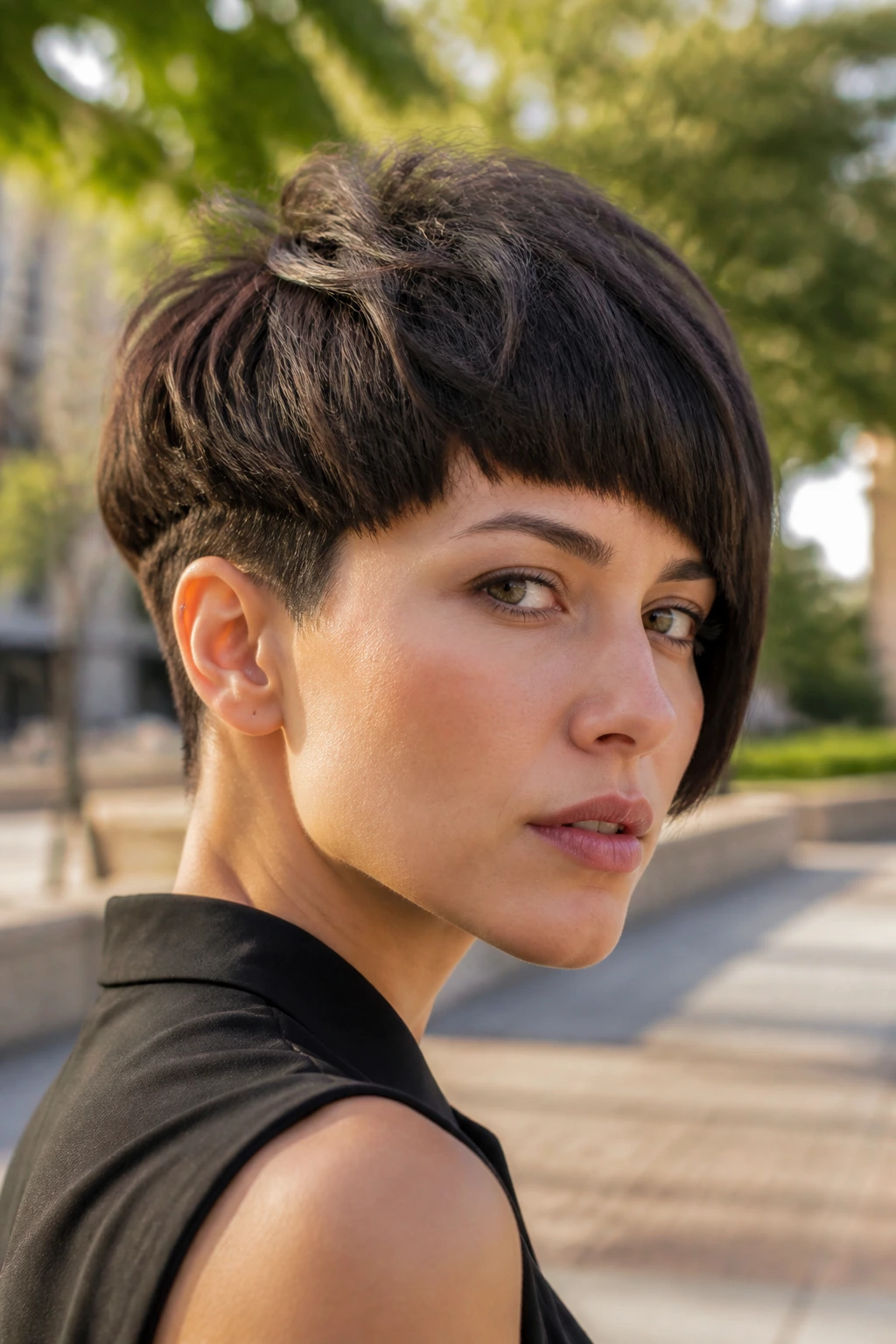 Real person with asymmetrical bowl cut texture in sunny outdoor setting