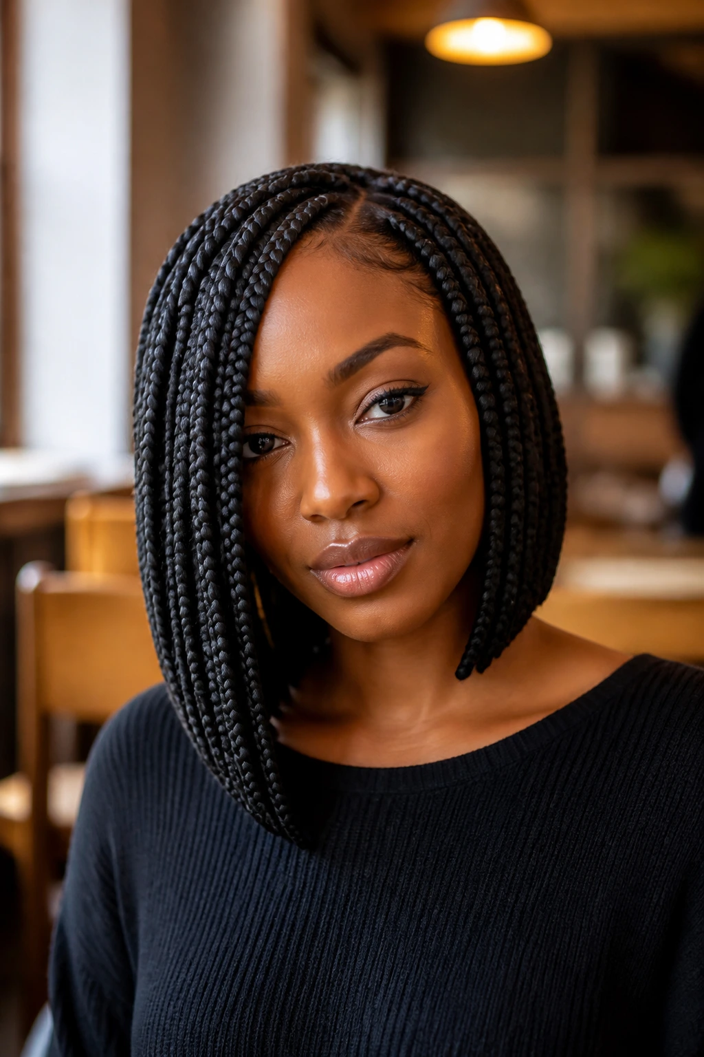 Real woman with asymmetrical box braid bob in cafe setting