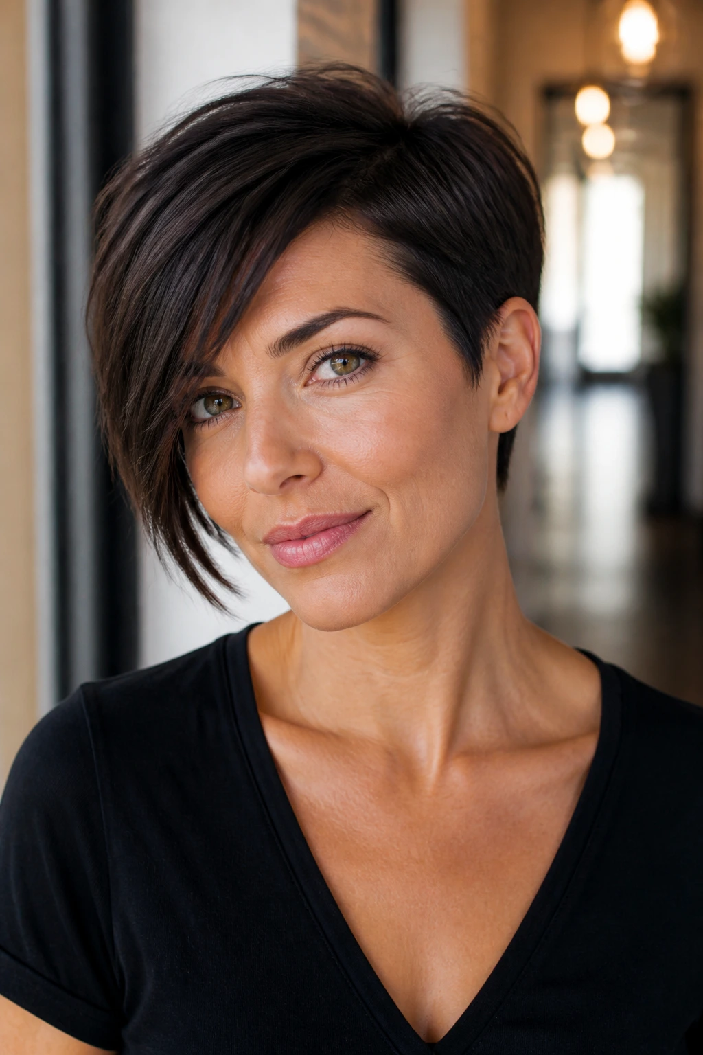 Close-up portrait of a real woman with asymmetrical brunette pixie