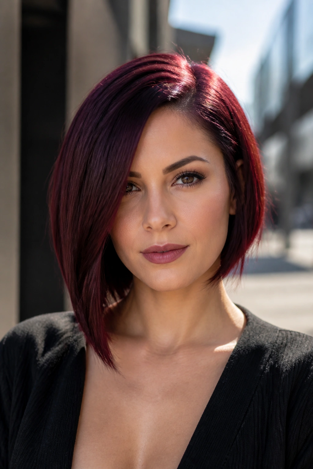 Portrait of real woman with subtle asymmetrical burgundy bob