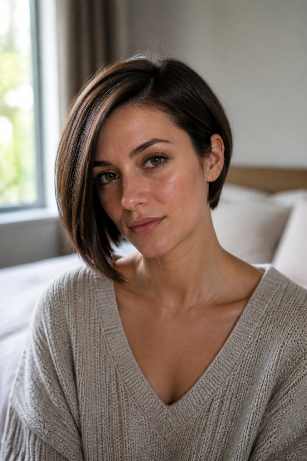 Close-up of a real woman wearing an asymmetrical chin-length bob in soft daylight