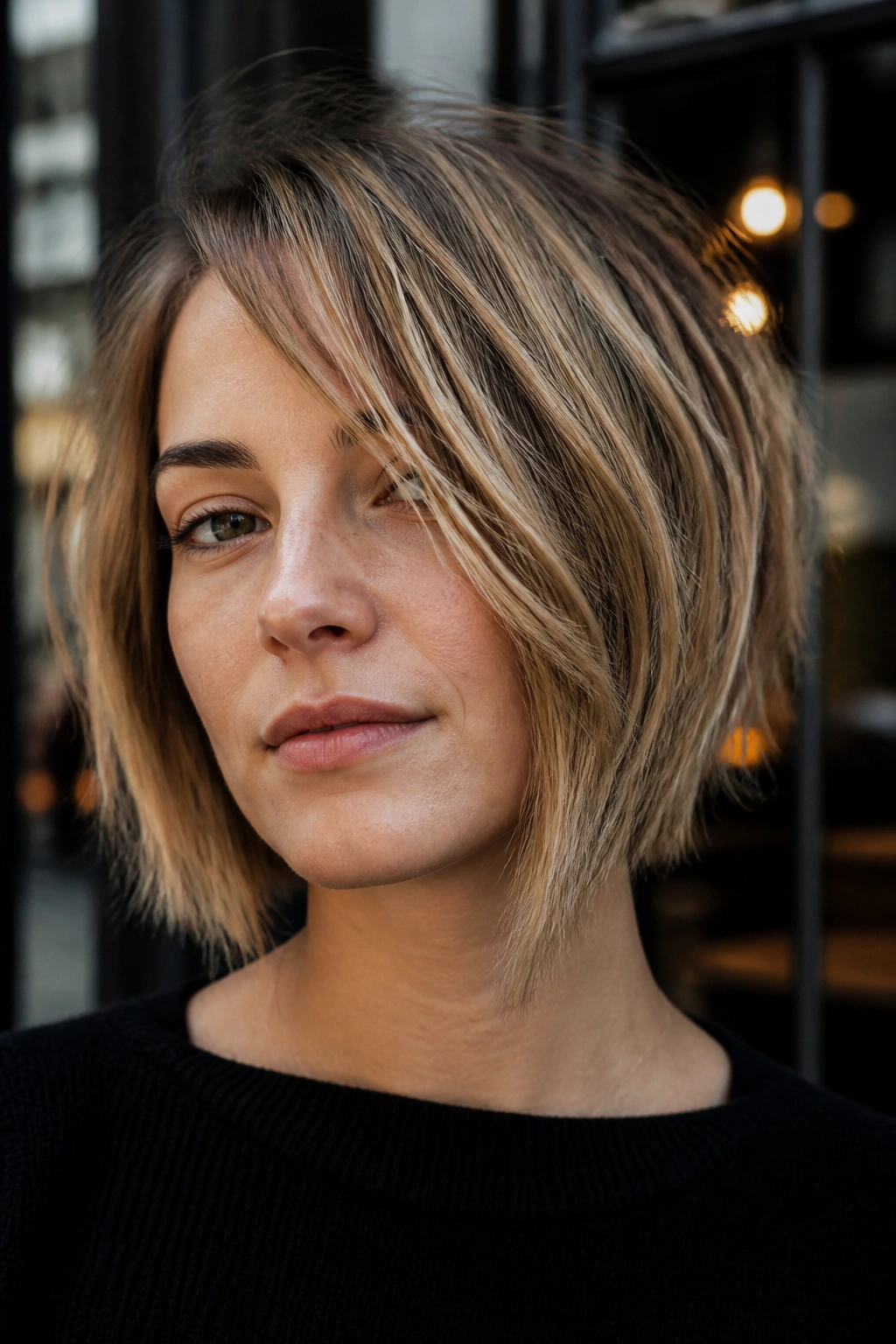 Portrait of a real woman with a softly asymmetrical choppy bob