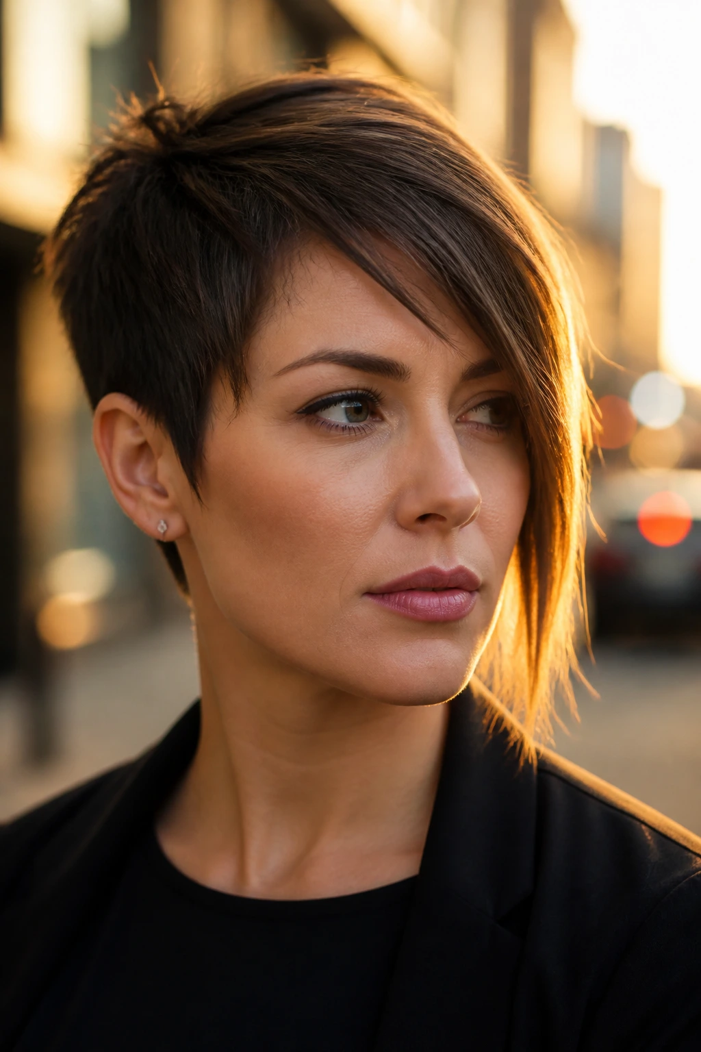 Close-up of a real woman with an asymmetrical crop and longer side in warm light
