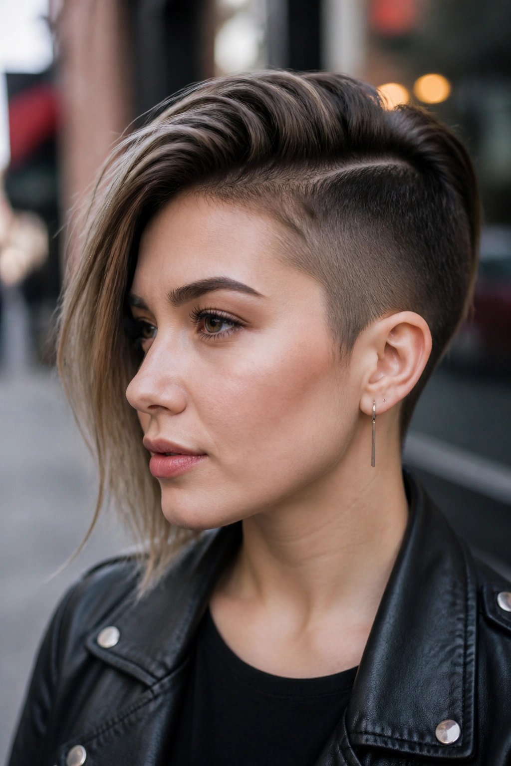 Portrait of a woman with an asymmetrical crop and tight shaved side