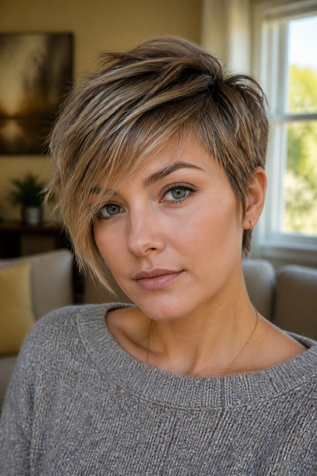 Close-up of a woman with an asymmetrical crop and wispy texture