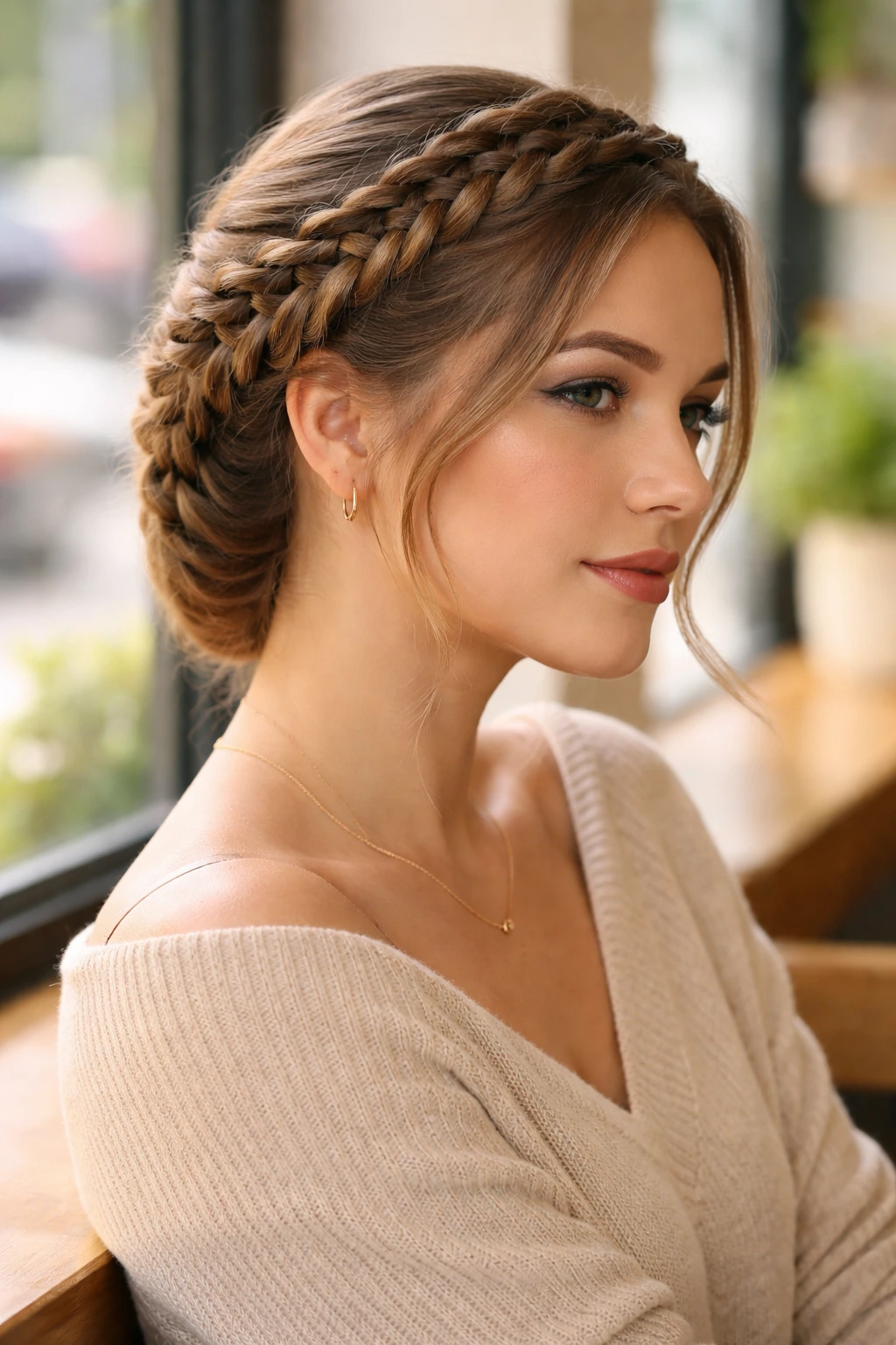 Close-up of a woman with an asymmetrical crown braid by a sunlit window