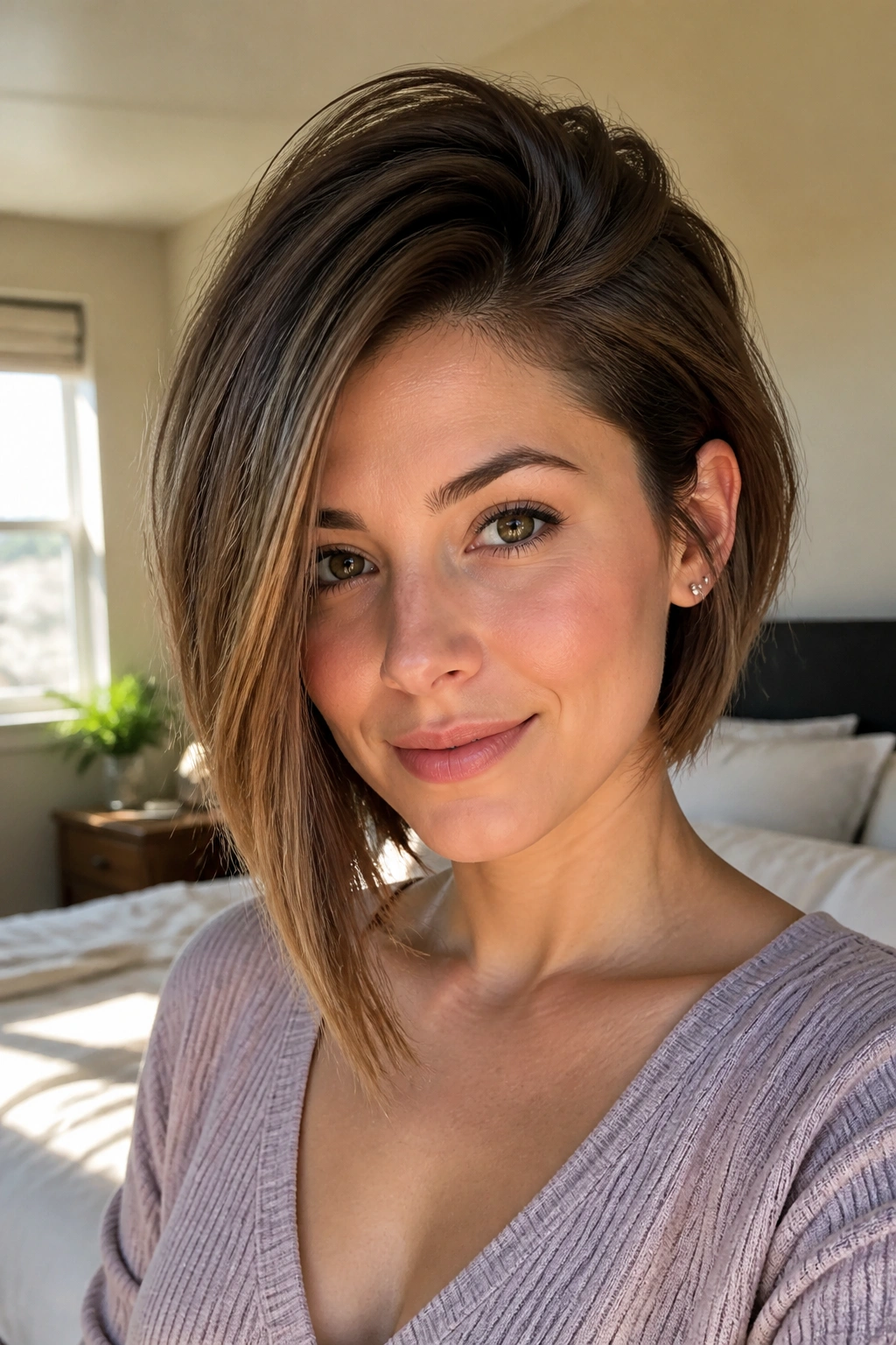 Close-up of a real woman with asymmetrical crown volume in morning light