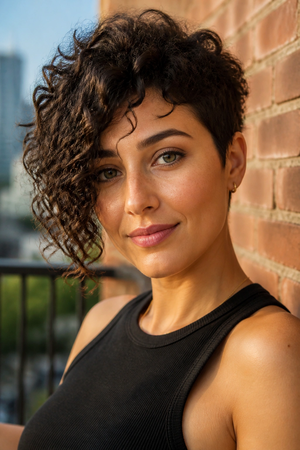 Close-up of a woman with an asymmetrical curly crop and long curl line.