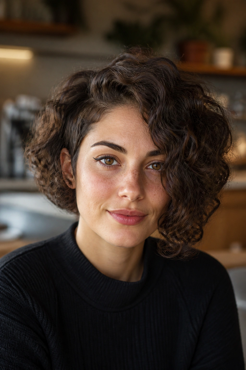 Woman with asymmetrical curly bob in a stylish interior