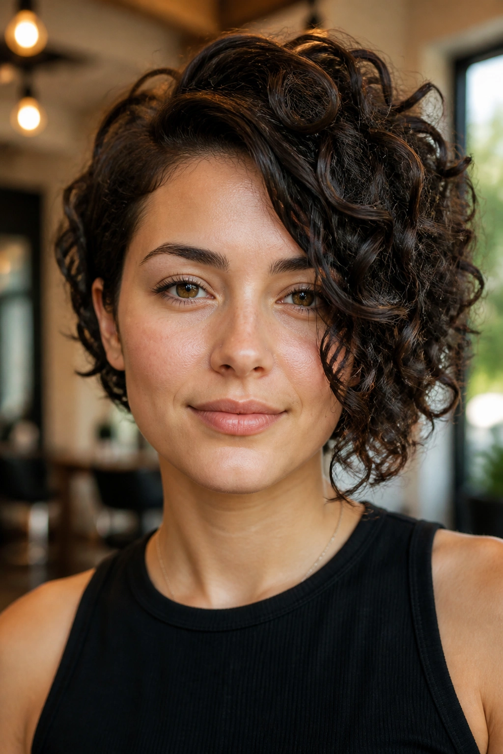 Close-up of asymmetrical curly bob with one longer side on a real woman