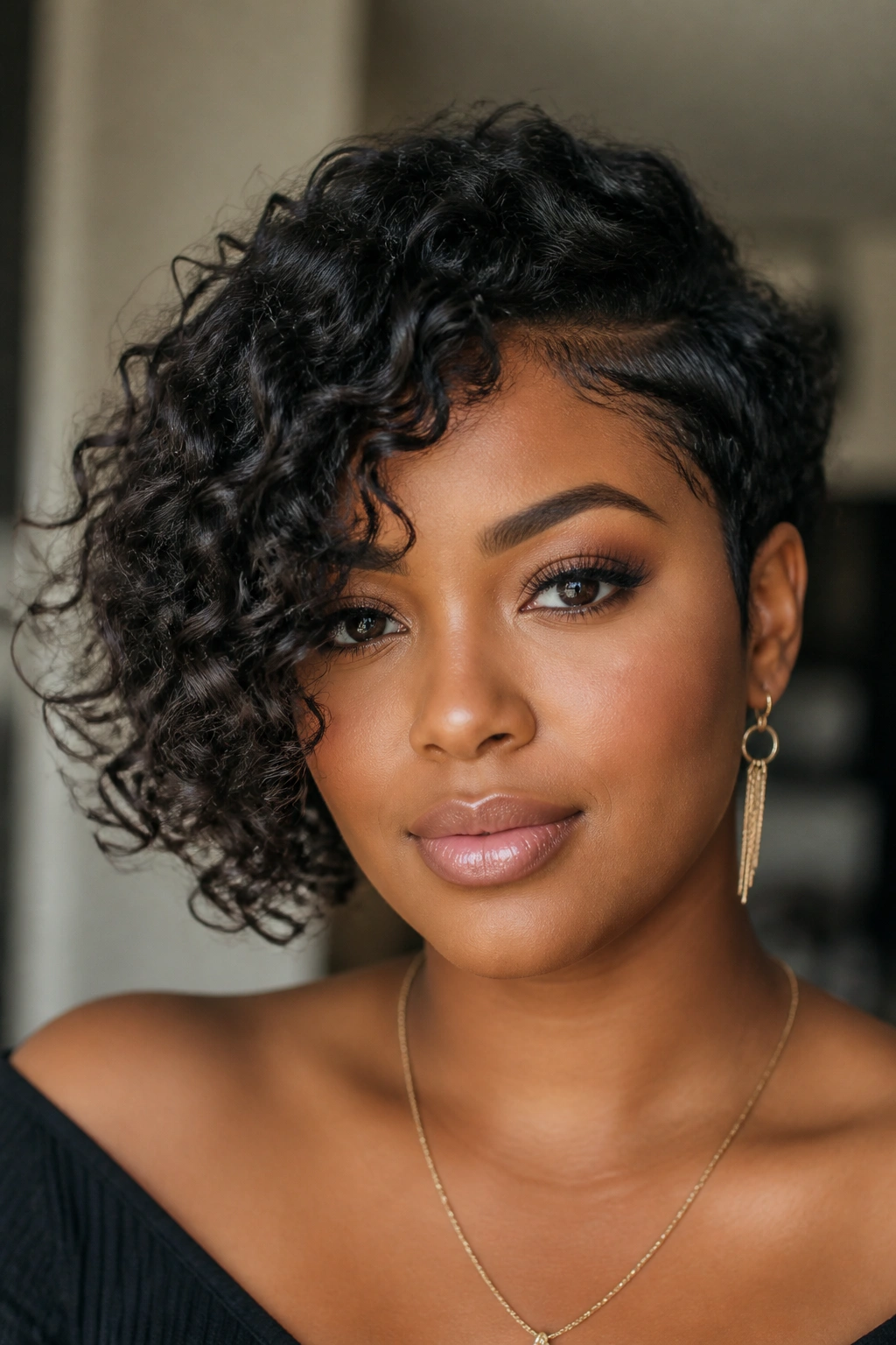 Close-up of a person with an asymmetrical curly bob
